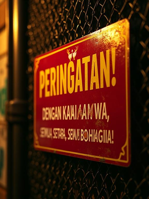 A slightly weathered red rectangular warning sign on a dark chain-link fence. The sign has bold golden yellow text saying 'PERINGATAN!' on top. Below in white text, it reads 'DENGAN KAWA KAWA, SEMUA SETARA, SEMUA BAHAGIA.'. The background features a textured wall with graffiti in earthy tones. The scene is warmly lit, creating a cozy urban atmosphere.