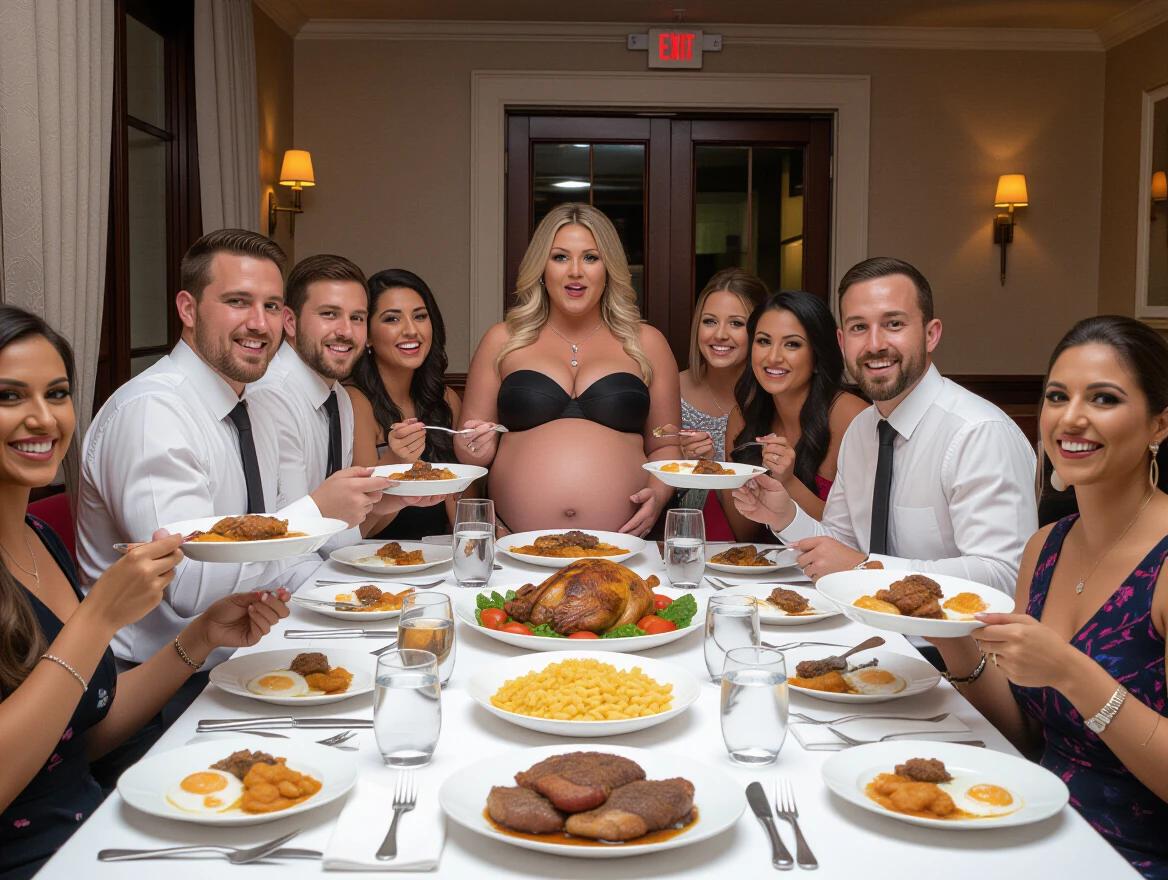 A gathering where a pregnant woman is seated at a table surrounded by friends. They hold plates of food, sharing a joyful moment in celebration. The setting is elegant, with a focus on the food and the glowing presence of the expectant mother.