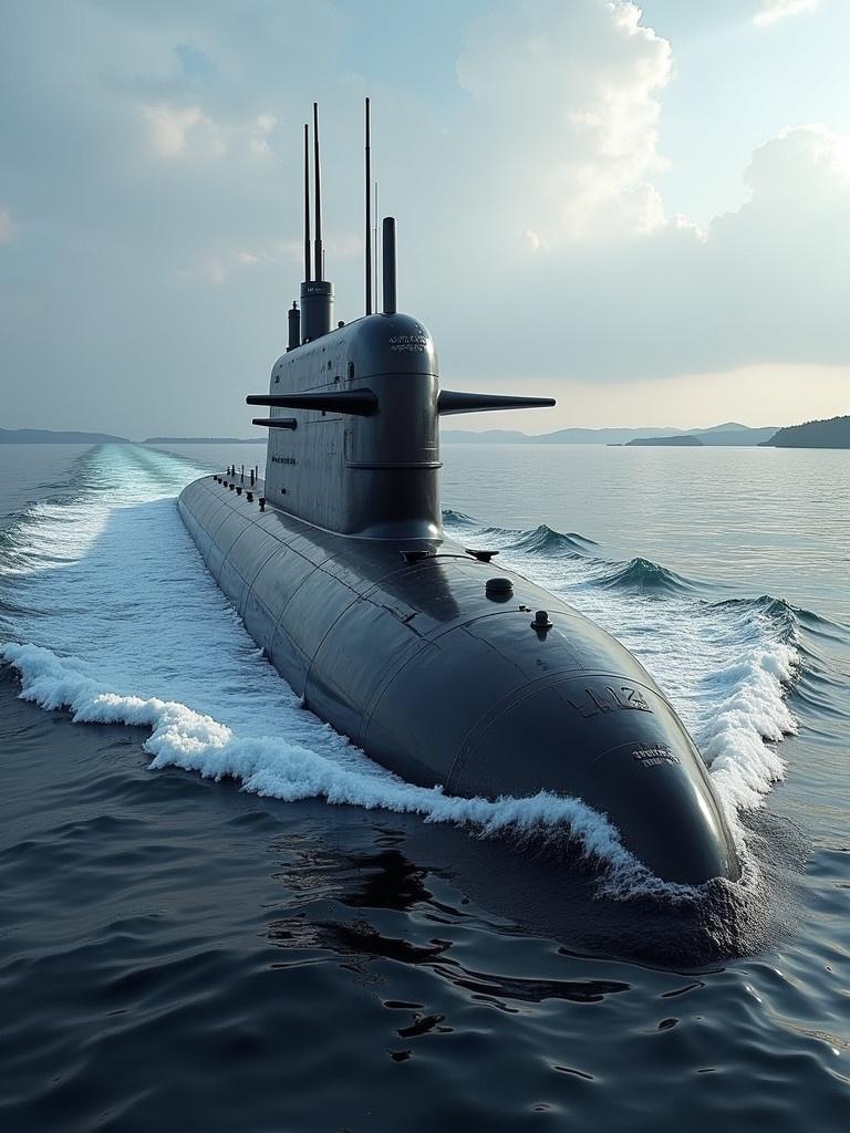 A nuclear submarine of the future. The submarine is sleek and modern. It glides smoothly through calm ocean waters. The sky is partly cloudy and the light is reflected on the water surface. A sense of advanced technology and power is conveyed.