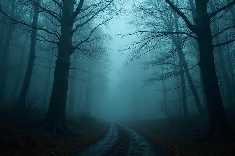 Foggy forest scene with a winding path. Tall trees create a dark canopy. Thick fog covers the ground. Mysterious and spooky atmosphere.