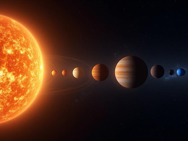 Realistic image of the solar system showcasing all planets. Each planet is labeled with its name. The image serves an educational purpose with clarity and detail.