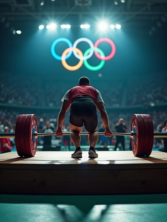 POV climbing onto the weightlifting platform. Crowd noise rising. Coach clapping behind. Barbell in front with Olympic rings in the background. Cinematic angle. Ultra-detailed. Emotional buildup.