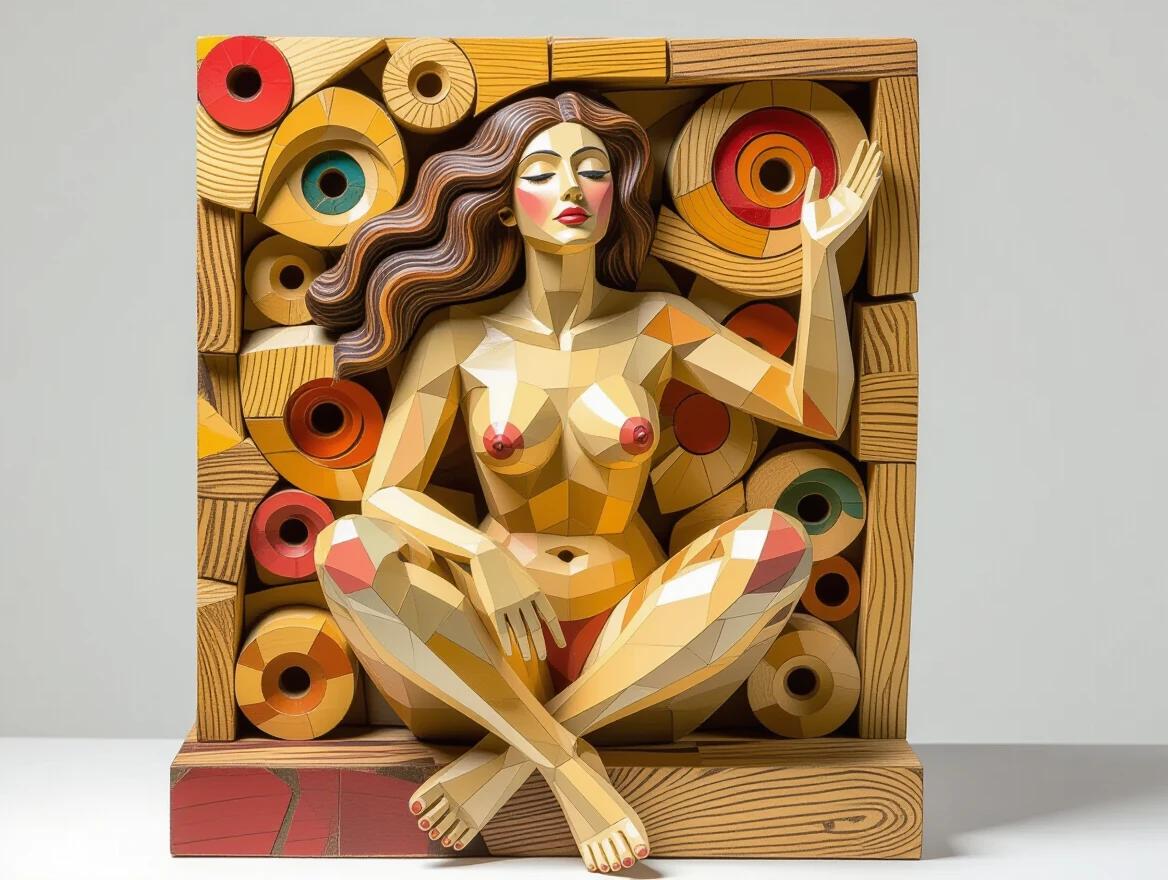 3D sculpture made entirely of wood. Depicts a wild naked woman in a unique pose. The artwork is surrounded by vibrant circular pieces of colored wood. Natural asymmetry causes the structure to move with air. Abstract elements reflect a monstrous female figure, assembling intricate wooden shapes.