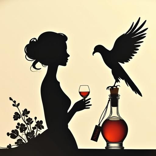 Minimalist papercut silhouette in black on beige background. Woman in elegant updo. Semi-transparent dress with floral motifs. Holding a shot glass of reddish liqueur. Interacting with a majestic falcon. Spirit bottle labeled 'ALFRUNO' with bright liquid inside.