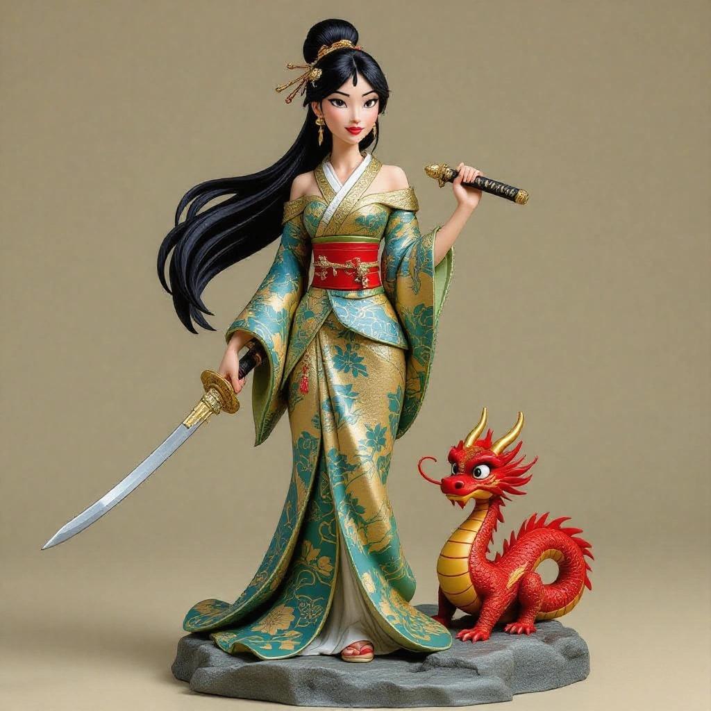 Resin figurine of an Asian woman inspired by Mulan. She wears a traditional kimono in gold, blue, and green. Long hair styled in a bun. Carries a small dragon on her shoulder. Holds an oriental sword in her hand. Striking a majestic pose. Rock base. Studio background.