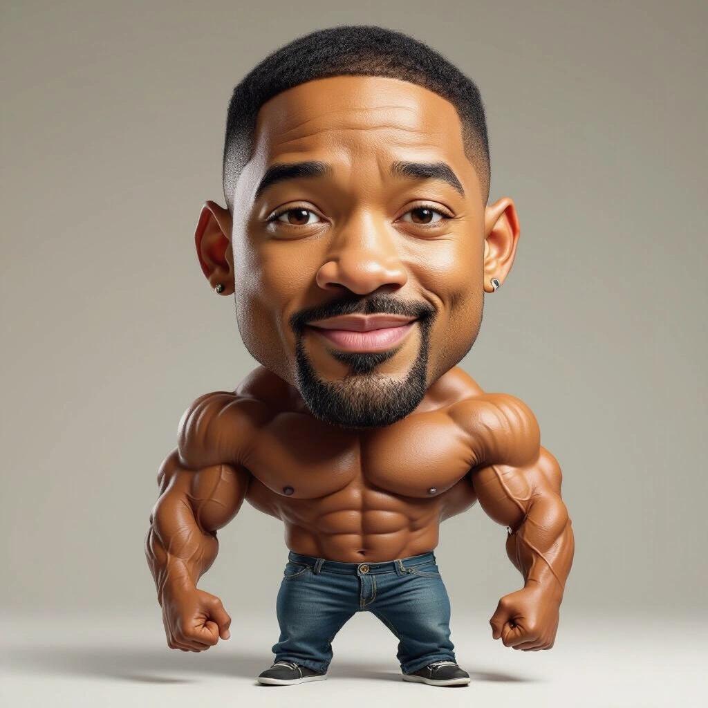 Will Smith depicted as a cartoon character with large head. Body is muscular and well-defined. Dressed in casual jeans and sneakers. Expression shows confidence and strength. Background is neutral to focus on character.