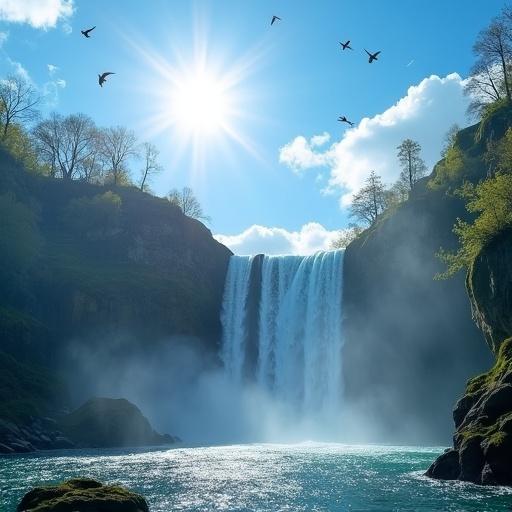 Waterfall in nature with a blue sky and bright sun. Birds flying above. Peaceful and beautiful landscape.