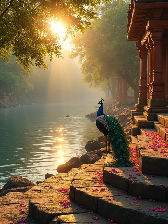 A hyper-realistic riverside scene at sunrise in India. Golden sunlight filters through dense green trees. Warm reflections on the gently flowing river. A majestic peacock stands on ancient stone ghats. Iridescent blue and green feathers gleam. Bright pink and yellow flower petals are scattered on the steps. Traditional Indian architecture lines the riverbank. Intricate stone carvings and red-toned buildings. The water is crystal clear, reflecting the sky and foliage. The mood is serene and spiritual.