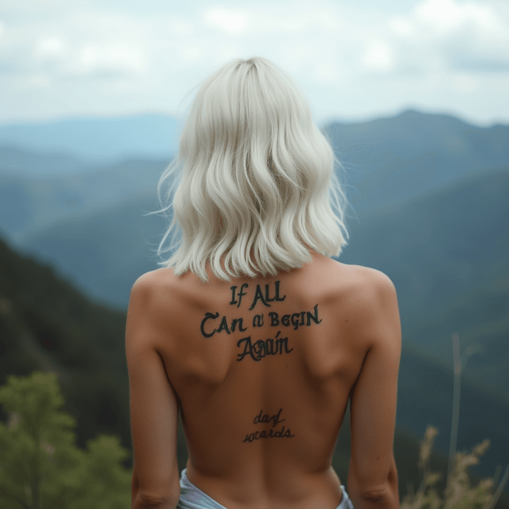 A person with blonde hair stands with their back turned, showcasing a tattoo, amidst a scenic mountain landscape.