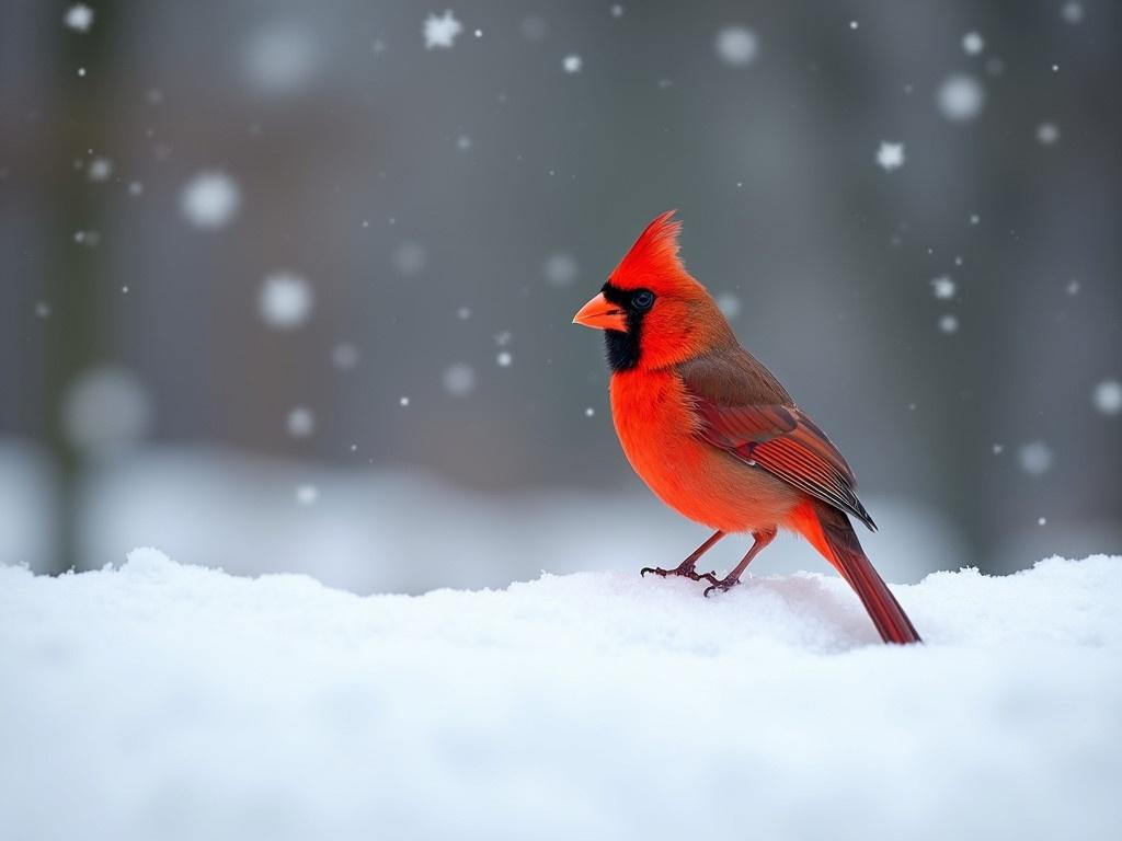 A solitary red cardinal is perched on a blanket of fresh snow. The scene is peaceful and serene, with snowflakes gently falling around the bird. The background consists of a blurred, muted landscape, emphasizing the vibrant color of the cardinal against the white snow. The cardinal's glossy feathers are illuminated by diffused light, making it stand out in the winter landscape. This image evokes a sense of tranquility and beauty, capturing the essence of winter.