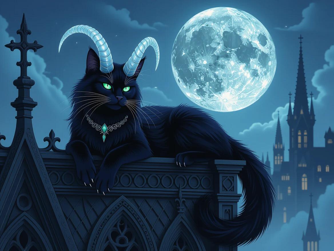 A sleek creature with velvety midnight fur and crystalline horns lounges atop a gothic cathedral roof. It is silhouetted against a silver moon. Emerald eyes glow with intelligence. Long saber-like fangs gleam beneath its lips. Velvet Fang is revered in secret, stalking shadows to eliminate nightmares. The environment blends Victorian mysticism with ethereal ambiance. It coils around dreamers’ windows, drawing sigils on glass to ward off spirits. Soft feathers trail behind like a cloak. Reveals true form when faced with cruelty, turning elegant into a storm of fangs and flame. A dual spirit, graceful protector and wrathful judge.