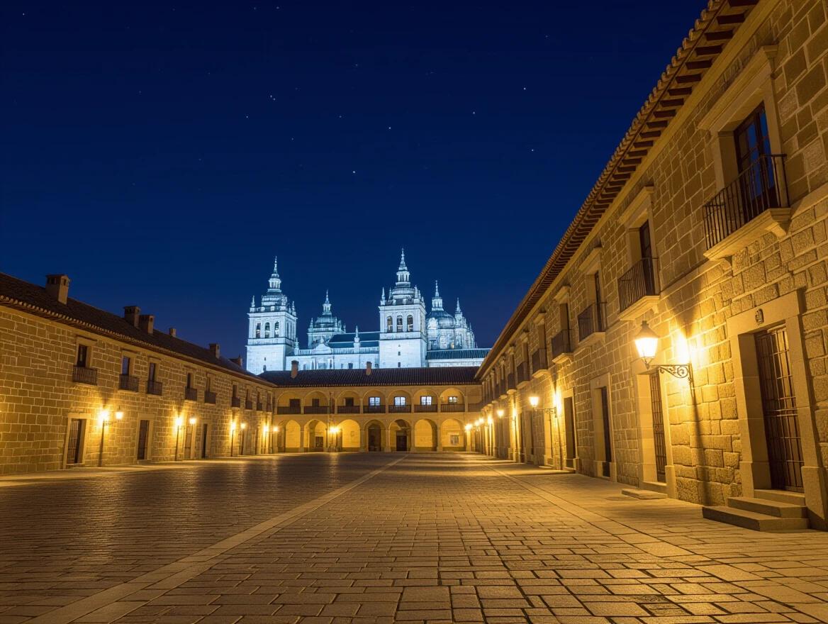 View of El Escorial monastery from a distance. Night setting with dramatic lighting creating an eerie atmosphere.