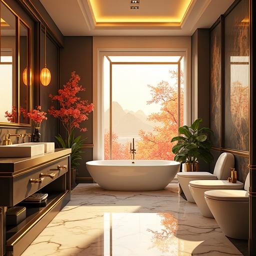 A luxurious and modern bathroom space featuring sleek design elements and spacious layout. Includes light gold and onyx black tones with red cherry blossom accents. A freestanding bathtub serves as the focal point. Bright and airy atmosphere with warm lighting.