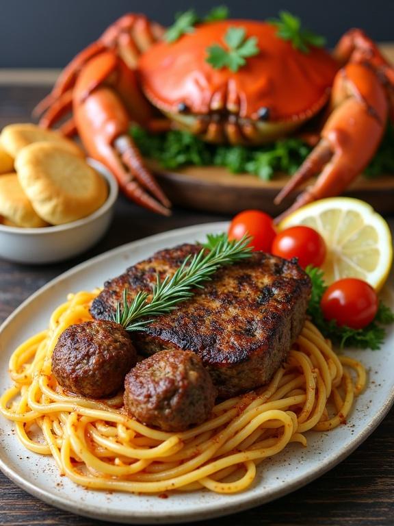 A plate of spaghetti with meatballs garnished with tomatoes and parsley. An arrangement of seafood features a large crab alongside golden biscuits and lemon slices. A grilled steak garnished with rosemary is served with fresh vegetables on a wooden plate.