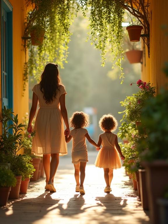 Silhouette of a mother and two children walking hand-in-hand. Sunlight streams through hanging vines in a plant-filled hallway. Yellow walls create a warm atmosphere. Potted plants sway gently in the breeze.