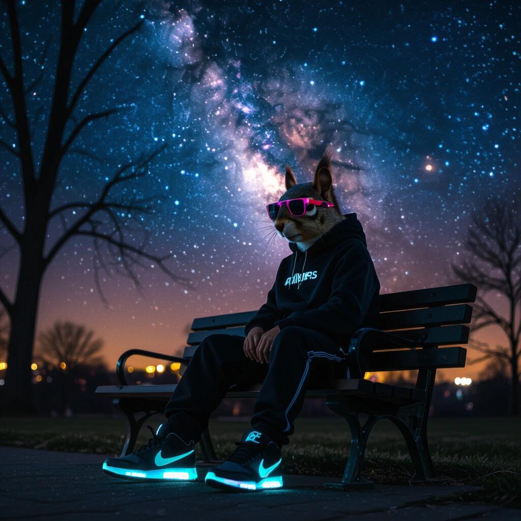 A squirrel person in stylish clothes wearing neon black Nike Air runners and sunglasses sits casually on a park bench under a dark nebula sky. Distant lights create an eerie atmosphere during the night. The image combines elements of urban culture and futuristic art, suitable for an artistic album cover with DJ Chilltronixx text.