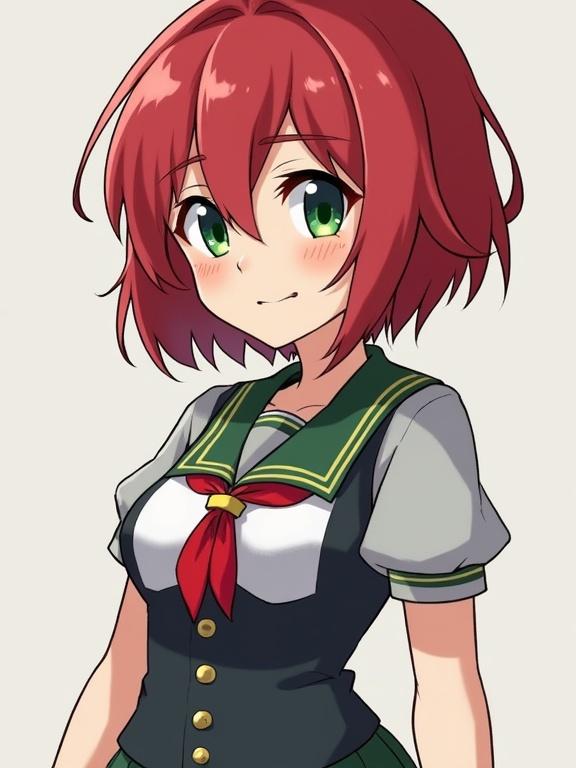 Anime style illustration featuring a girl. She has short red hair and green eyes. Character wears a school uniform and has a tomboy appearance with a muscular build and large breasts.