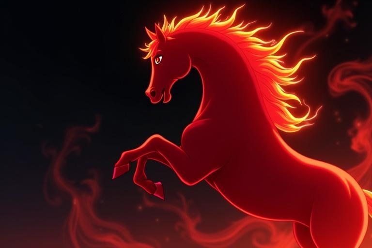 A fiery red horse rears up against a dark swirling background with an anime style. The horse has an illuminated mane and a majestic posture, evoking fantasy elements.