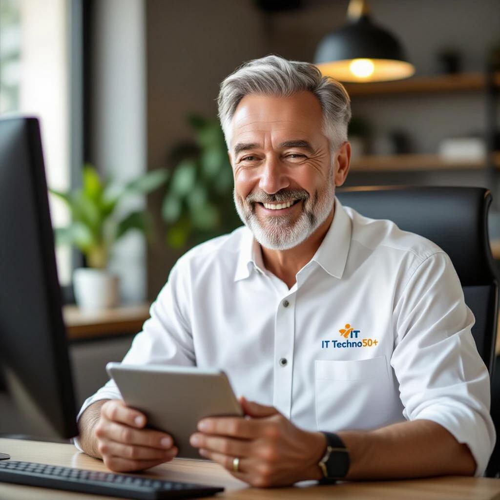 Elderly man with white shirt holds tablet. He looks happy. Computer is on desk. Logo on shirt shows IT Techno50+. Natural light creates a warm atmosphere.