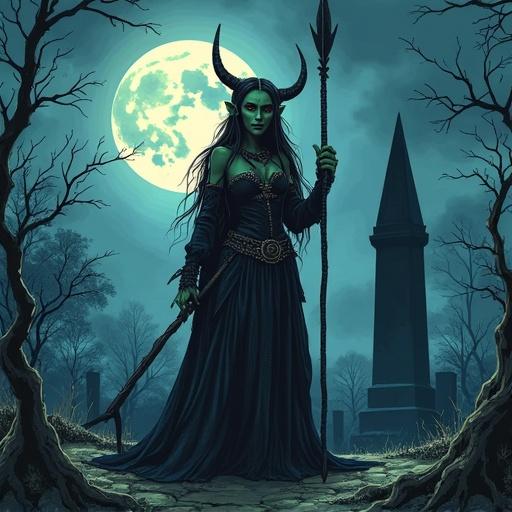 Hand-drawn comic book style showing a feminine goblin with a spear in a graveyard. Moon lighting creates dramatic shadows with a black obelisk in the background. The artwork features realistic proportions and vibrant colors in a cinematic composition.