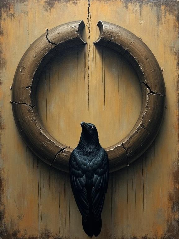 Antique oil painting with rough textures. Features a broken ring with a single crack. The gap bleeds upward. A descending raven positioned under the ring.