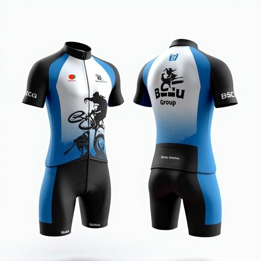 Professional cycling kit image with jersey and shorts. Designed for a Portuguese cycling club. Features vibrant colors white, blue, and black. Mountain bike jumper outline on the back. Rider's name on the left breast. BCG Group logo on the back. Group focuses on cycling, culture, and food.