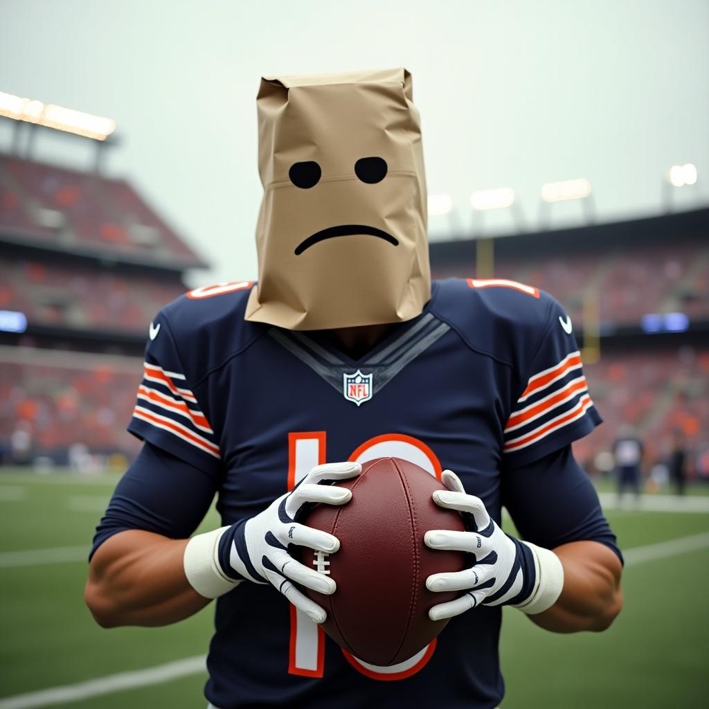 Chicago Bears football player holding a football. Paper bag covers head with a frown. Background shows a football stadium.