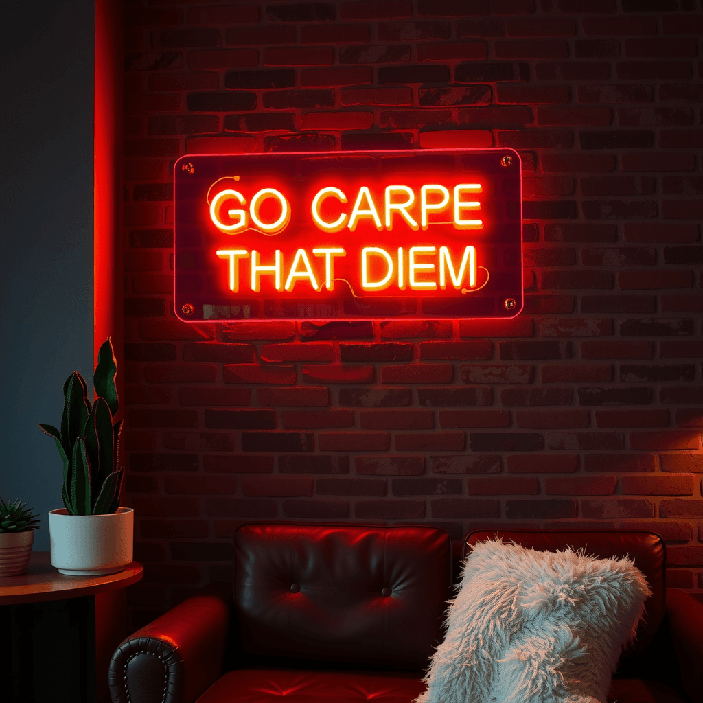 The image features a cozy indoor space with a stylish, modern decor. Dominating the scene is a vibrant neon sign mounted on a dark red brick wall, displaying the playful phrase "GO CARPE THAT DIEM." The sign emits a warm red glow that softly illuminates the surrounding area. Below the sign is a dark brown leather couch adorned with a fluffy white pillow, adding a touch of comfort to the setting. To the left, there is a small wooden table with a potted plant, further enhancing the room's inviting atmosphere. The overall composition combines elements of humor and motivation in a contemporary home or office environment.