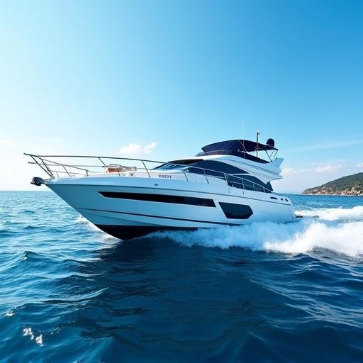 Photo of a white luxury yacht speeding through deep blue ocean. Clear bright sky with slight clouds. Waves splashing around hull. Yacht has dark blue canopy and fenders. Windows on sides. Name 'DREAM' on front. Distant shoreline on right. Horizon line visible. Bright sunlight during daytime. Vibrant colors. High quality. Medium shot. Slight tilt. Boat in motion. Ocean in foreground, sky in background. Tranquil and serene vacation vibes. Summer leisure and luxury. Nautical adventure. Blue hues. Detailed textures. Maritime scenic view. Vacation boat ocean cruise.