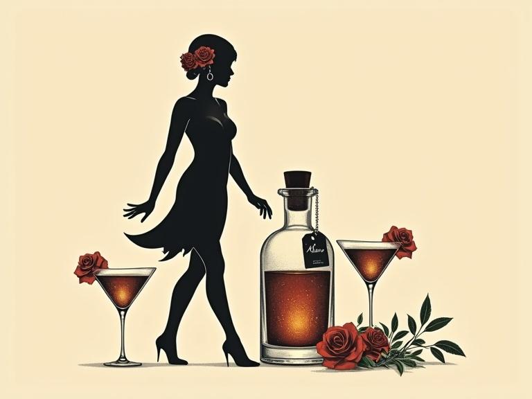 Minimalist screen printing art in black showing flapper girls walking towards the viewer. An apothecary bottle nearby glowing with golden-red liquid. Cork lid and hang tag named 'ALFRUNO' displayed. Two cocktail glasses filled with the same liquid are on each side. Roses and green herbs surround the bottle. Beige background enhances elegance and mystery.
