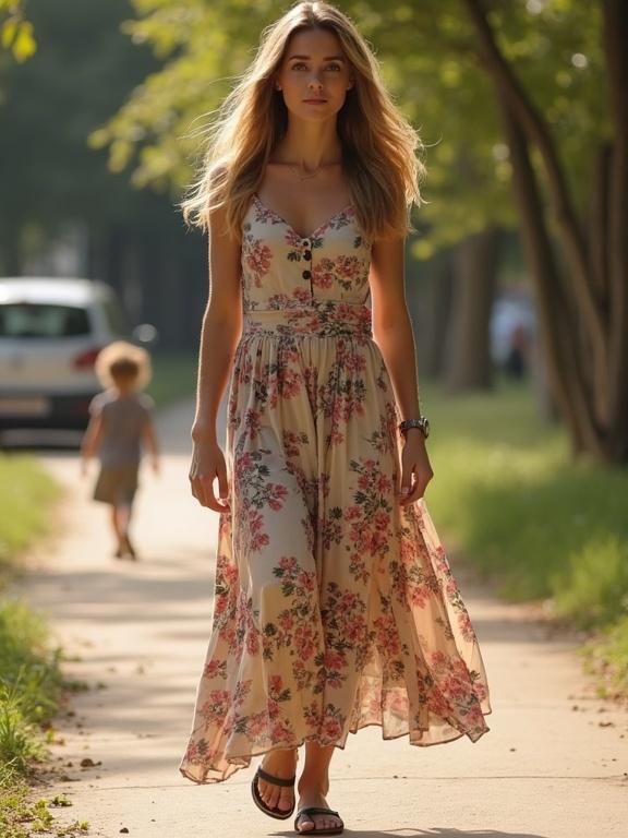 Beautiful mother walking toward camera on a path. She wears a floral dress and sandals. Child walks in background. Scene captured in natural outdoor lighting.
