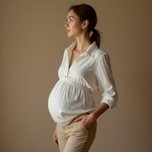 Portrait of an elegant pregnant woman. Full body view. Wearing a fitted linen blouse and trousers. Slim waist and feminine figure emphasized. Soft lighting. Clean background. Highly detailed.