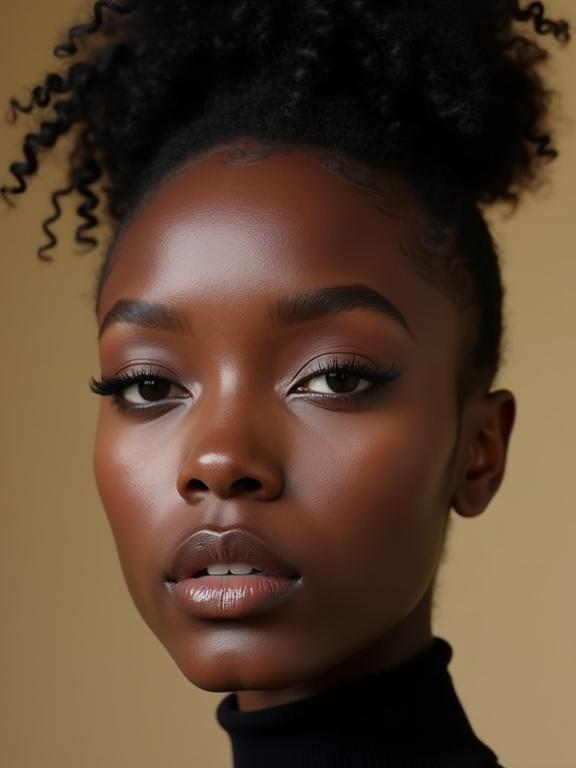 Striking Black model with bold makeup and natural coils. High puff hairstyle. Deep brown skin. Graphic liner and nude lip. Confident and radiant presence. Powerful gestures.