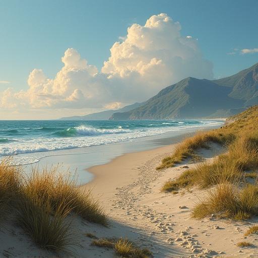 A scenic view of a beach with waves gently rolling onto the shore. Clouds in the sky add to the tranquil setting. Mountains can be seen in the background. Gentle grasses are on the beach.
