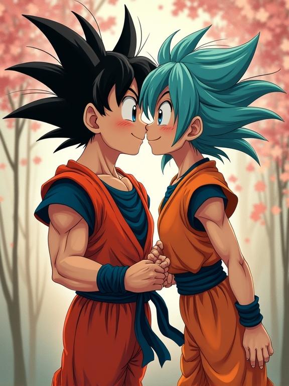 Characters showing affection in a romantic setting with a nature backdrop