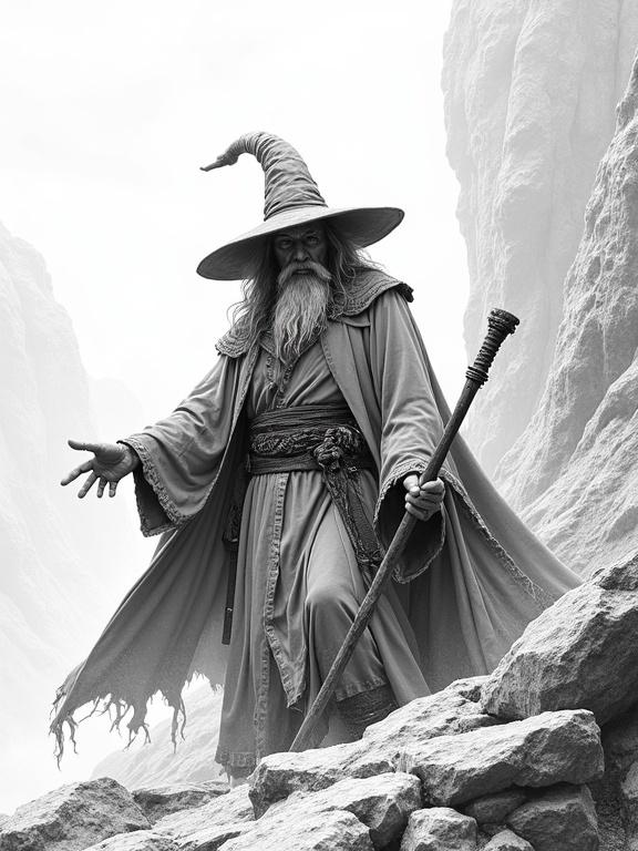 A powerful wizard stands in a dramatic pose. He wears a complex robe and a tall pointy hat. The wizard holds a staff. The background is stark and rocky. The scene is in black and white with strong contrasts. The angle highlights the wizard's authority.