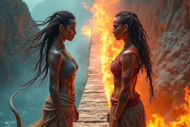 Kaari and Lira engage in a heated argument atop an ancient bridge spanning fire and water. Sparks of conflict mix with curiosity. Kaari stands confident with braided hair and striking blue skin, while Lira, with glowing red skin and fierce tattoos, expresses frustration. The setting is an intense backdrop of flowing water and glowing magma.