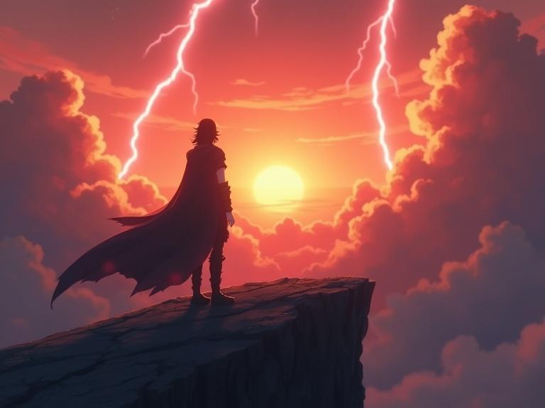 Animate a lone anime warrior standing on a cliff at sunset. Add slow camera zoom-in towards the warrior. His cloak should flutter gently in the wind. Subtle lightning strikes in the cloudy background. Add cinematic lighting and dramatic atmosphere. Small particles or dust moving in the air. Maintain anime art style with high emotional intensity.