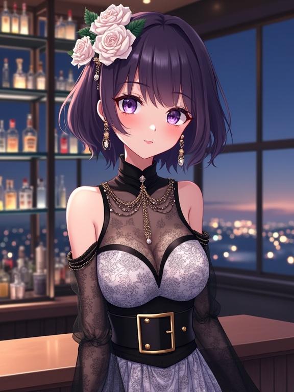 Elegant anime-style illustration of a lady with short dark purple hair and soft purple eyes. She has a delicate white floral hair accessory with pearls and chains. Wears a sheer high neck off-the-shoulder dress with a black and white lace pattern. A black high collar connects off-the-shoulder sleeves with a gold embellishment. A wide black belt with a gold buckle cinches her waist. Accessorized with teardrop earrings. Stands at a well-stocked bar counter. In the background, shelves lined with bottles and city skyline lights visible through a large window.