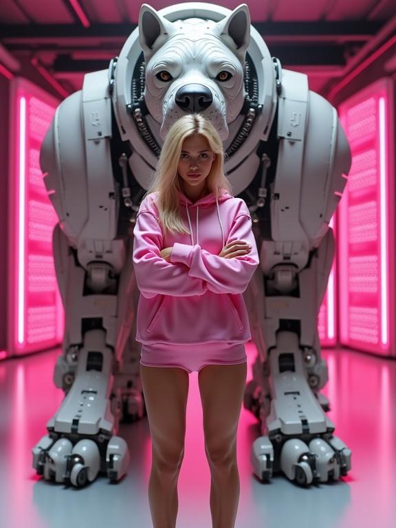 Full-body shot of an attractive blonde woman in a vibrant pink hoodie, arms crossed, barefoot. Standing beside a large cybernetic dog with exposed mechanisms. Bright pink server rack background. Cyberpunk style, futuristic details, photorealistic.