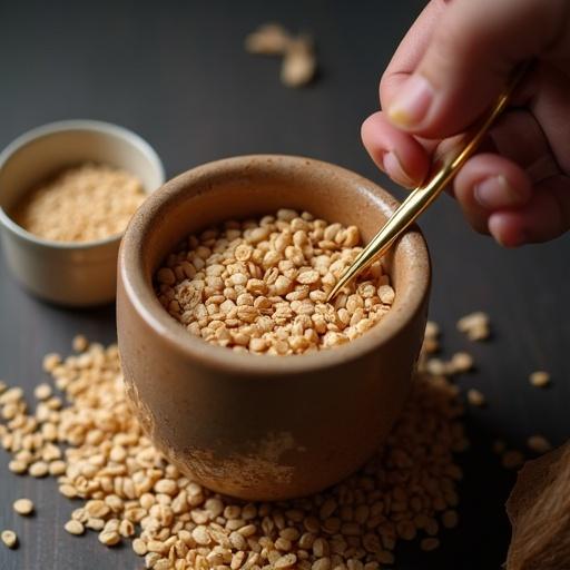 A hand holding a bowl of cereal and a golden spoon. The bowl is full of cereal and there are some cereals scattered around.
