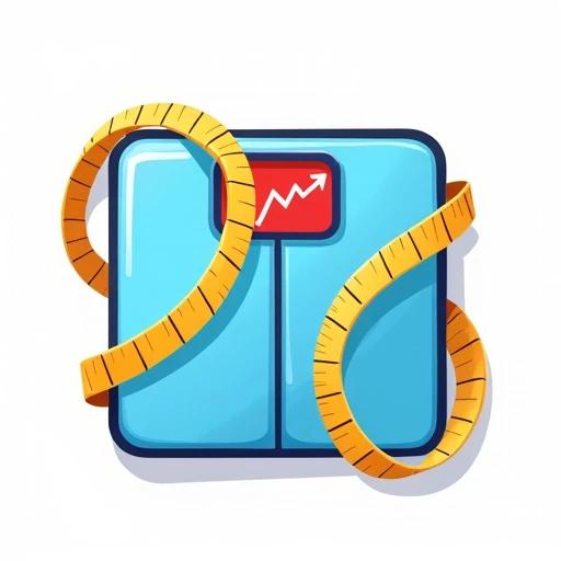 Flat design cartoon illustration of a bathroom scale with a downward trending arrow graph on the display screen surrounded by a yellow measuring tape forming a circle around the scale. Bright blue and red colors are used. Thick black outlines give a minimalist style. The background is white.