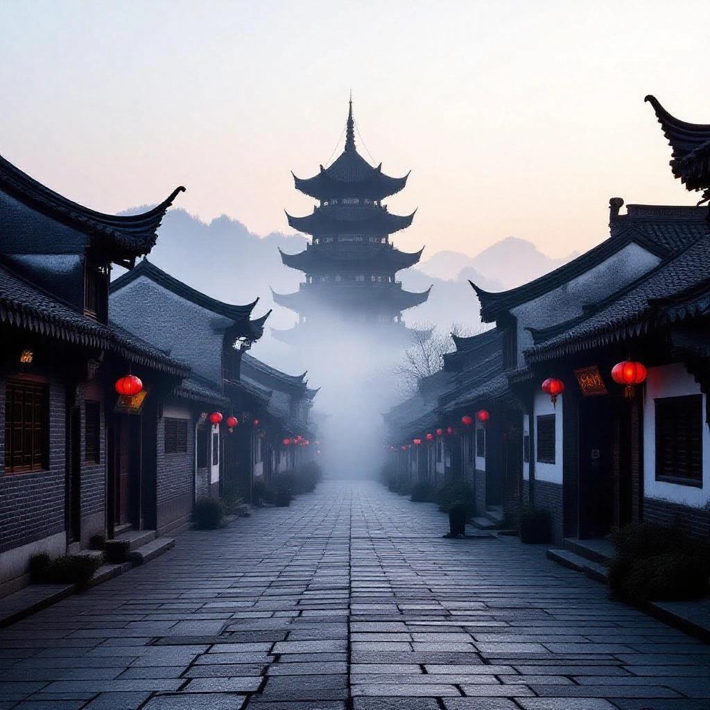 Long exposure photograph of a stone-paved street in an ancient Chinese setting at sunrise. Scene with mist creates a mysterious atmosphere. Traditional Chinese-style buildings with dark roofs and aged walls on both sides. Tall pagoda in the background, silhouette hazy. Overall dark tone with bright light trails contrasting muted surroundings.