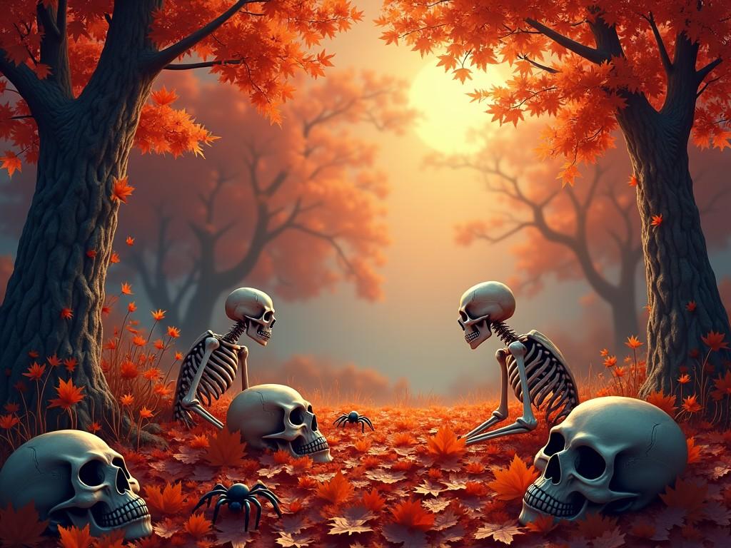 Create a breathtaking fall foliage scene perfect for Halloween. Incorporate skeletons and skulls amidst a backdrop of vibrant orange and red leaves. Add eerie elements like spiders creeping around to enhance the spooky atmosphere. The sun should be setting, casting a warm glow over the scene. Highlight the contrast between the bright autumn colors and the dark, eerie figures. Aim for a captivating and haunting ambiance that captures the essence of Halloween.