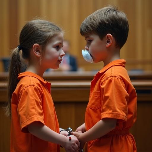 A young boy acts as a judge in a courtroom. His mother is in an orange jumpsuit and handcuffs. She kneels before him expressing emotions. The boy has a pacifier and appears serious. The courtroom has wooden panels and seating.