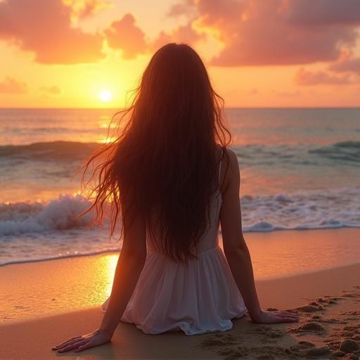 Realistic image of a girl sitting on sandy beach at sunset. Long flowing brown hair. Light casual summer dress. Figure backlit by golden sunset. Rich hues of orange pink purple in sky. Gentle waves on shore. Small seashells on sand. Mood calm reflective peaceful.