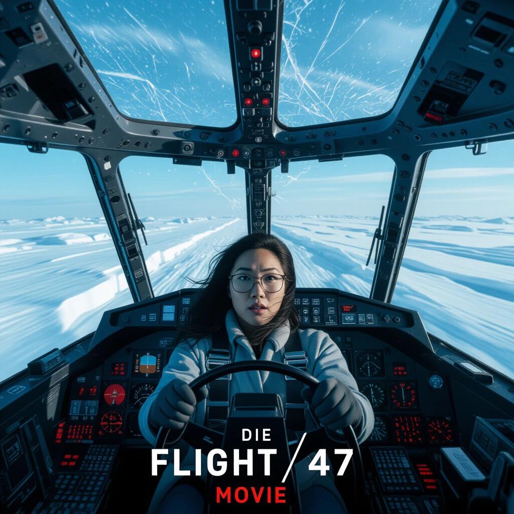 Inside shattered cockpit. Awkwafina grips controls of spiraling aircraft. Ice shards scrape fuselage. Warning lights flashing. Cracked windshield shows frozen tundra. Cinematic motion blur. Breath visible in cold air.