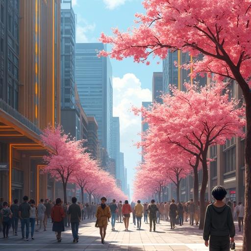 A vibrant urban scene blending futuristic and modern elements. Bright morning light casts shadows on a bustling avenue. Cherry blossom trees line the streets filled with well-dressed people. Presentation of a luxurious educational district in the summer of 2037.