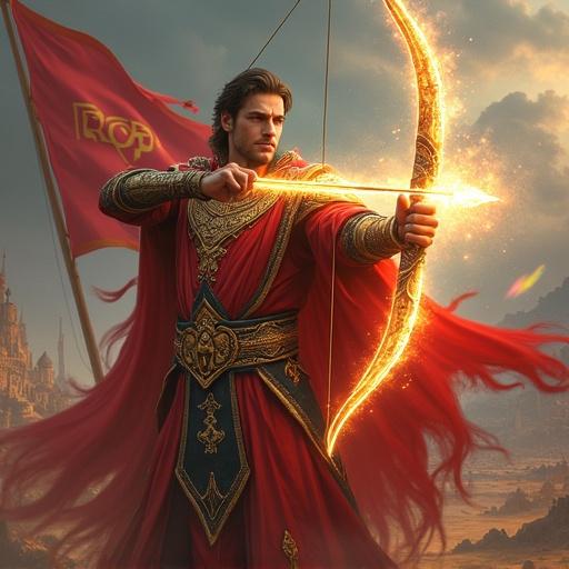 Phil Salt depicted as a mythical sage archer. Wears detailed robes in red, gold, black. Holds a glowing cricket bat shaped like a bow with energy arrow. Calm expression with mystical aura. Ancient battlefield merges with futuristic cricket arena. RCB flag and logo present.