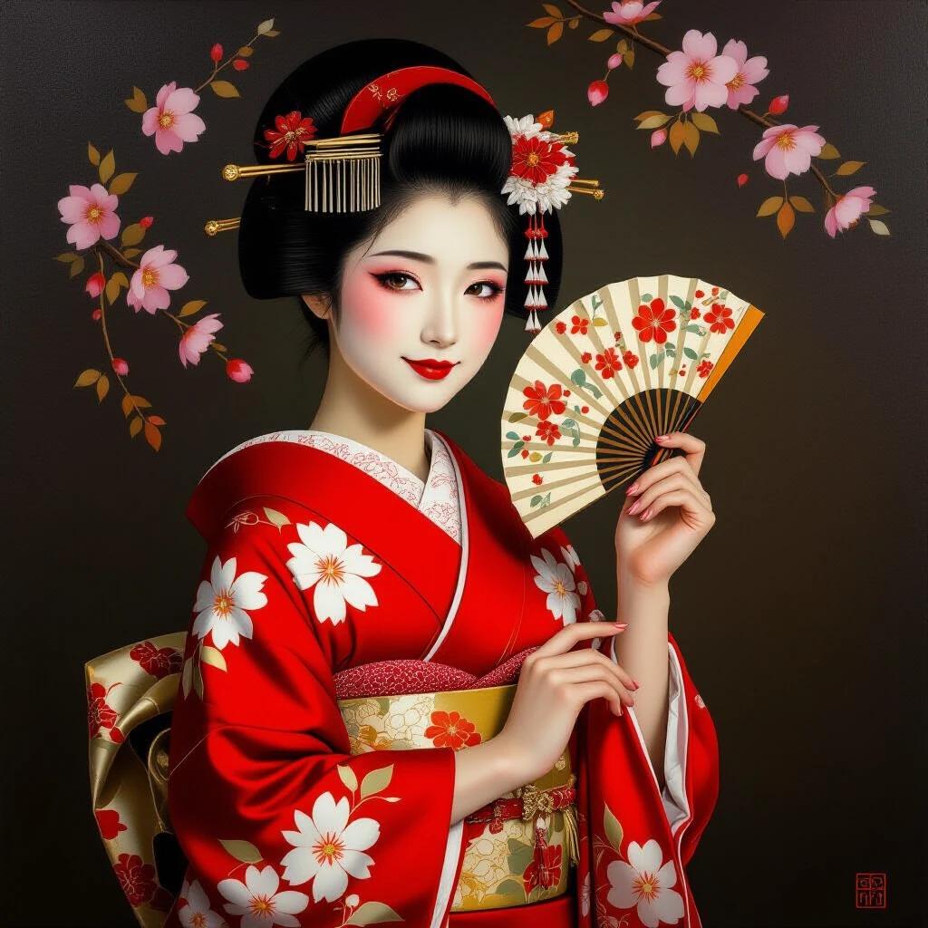 Captivating oil painting of a girl in a traditional Japanese geisha outfit. She wears a red kimono with a floral pattern of sakura and foliage. White tabi socks complement her look. The girl poses charmingly with a slight tilt of her head. She has a confident yet playful expression, a soft gaze, and a delicate smile. Her refined hairstyle includes an okobo hair accessory. She holds a decorative fan near her face with delicate hand gestures. The background is dark with warm lighting. The painting features detailed textures and high-quality art, with a cinematic composition in 8k quality.